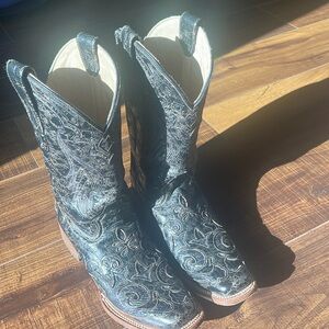 Womens Corral 2402 Black Leather Python Inlay Square Toe Cowboy Western Boots
